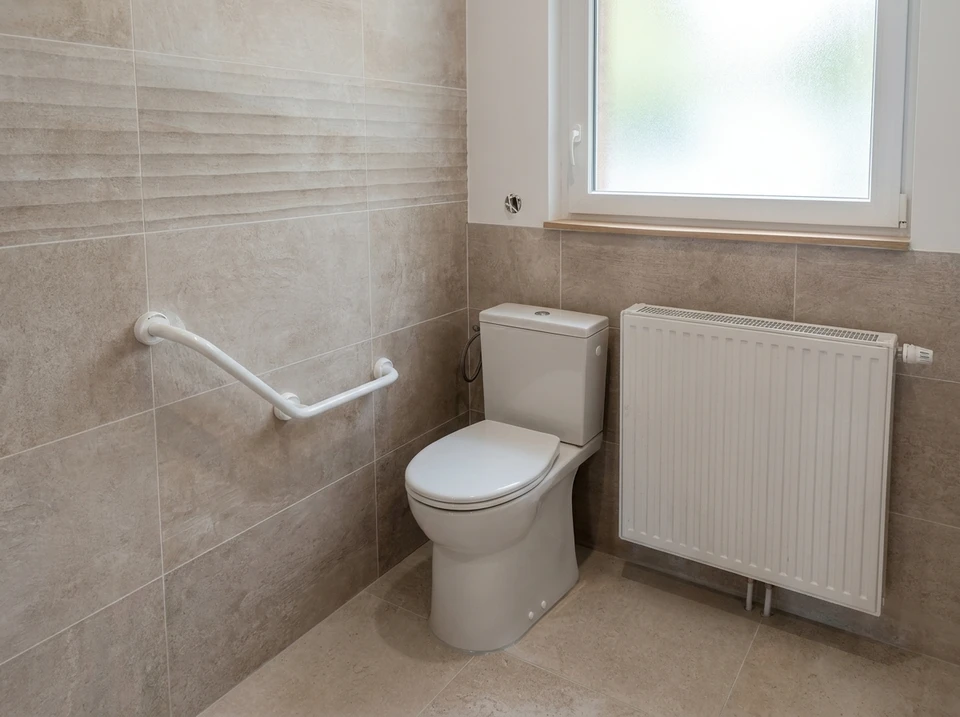 Salle de bain adaptée PMR avec siège de douche rabattable, barres d'appui murales en acier inoxydable, robinetterie thermostatique avec douchette à main réglable