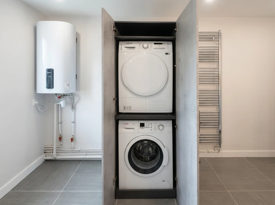 Plombier installant un flexible d'alimentation en eau sous un lavabo de salle de bain